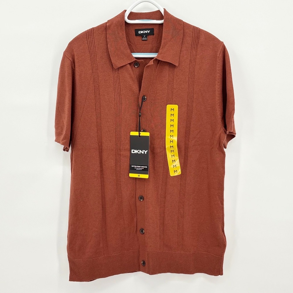 DKNY Mens Button Front Short Sleeve Sweater Polo Orange Textured Stripe Medium